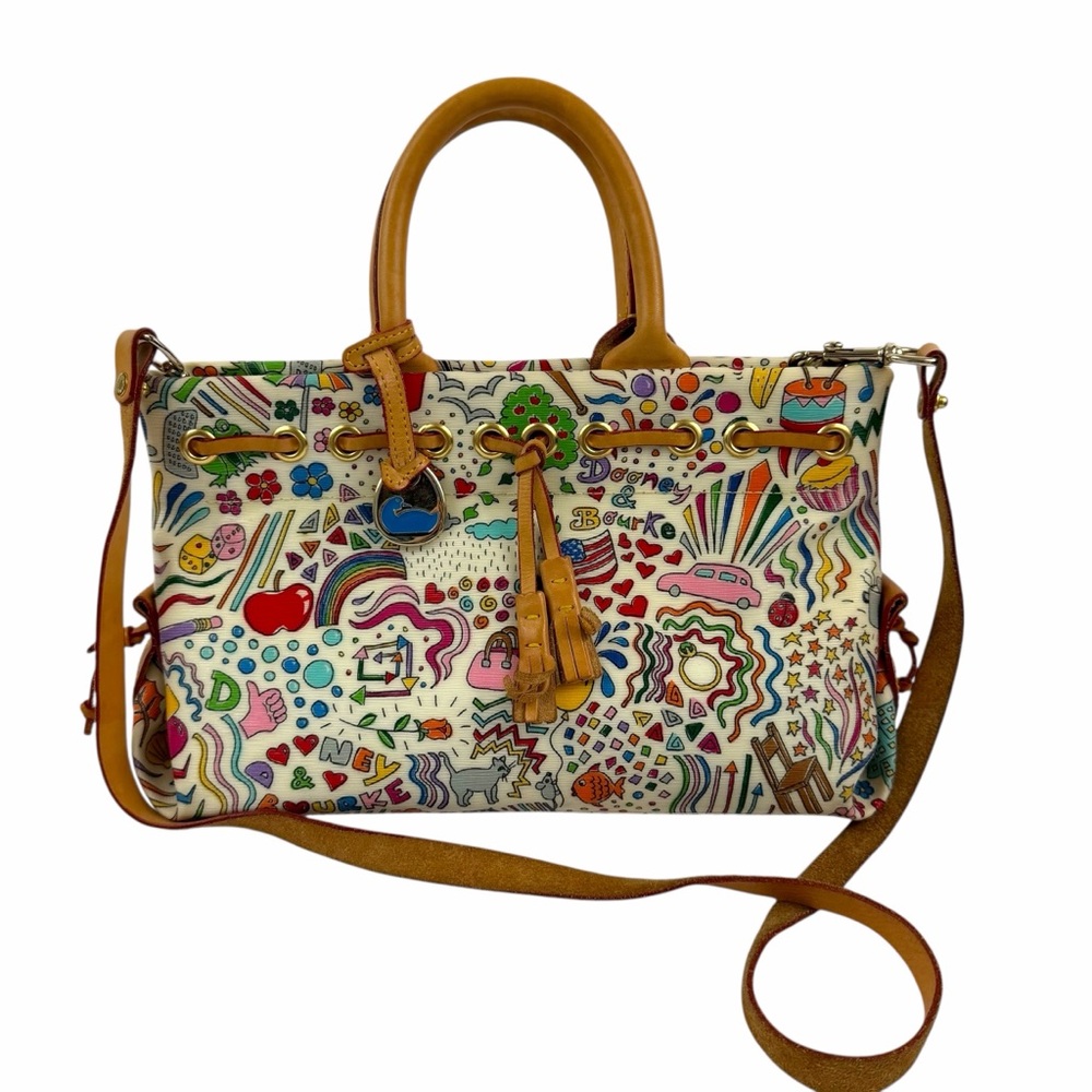 Dooney & Bourke Multicolor Doodle Print Satchel with Tan Leather Trim
